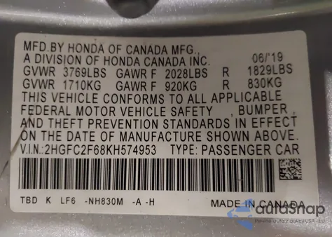 2019 Honda Civic Lx из США, поврежденный, VIN 2HGFC2F68KH574953